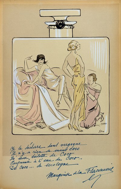 Caricatura de Coco Chanel (1883-1971) em uma garrafa de Chanel No.5, de &39;The New World&39;, 1923 de Sem